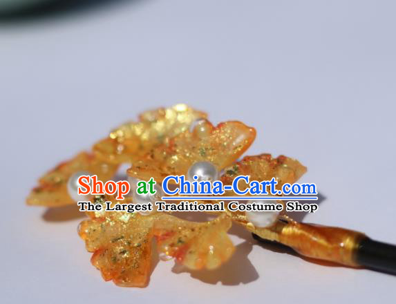 China Classical Hanfu Ginkgo Leaf Hairpin Traditional Ancient Ming Dynasty Princess Wood Hair Stick
