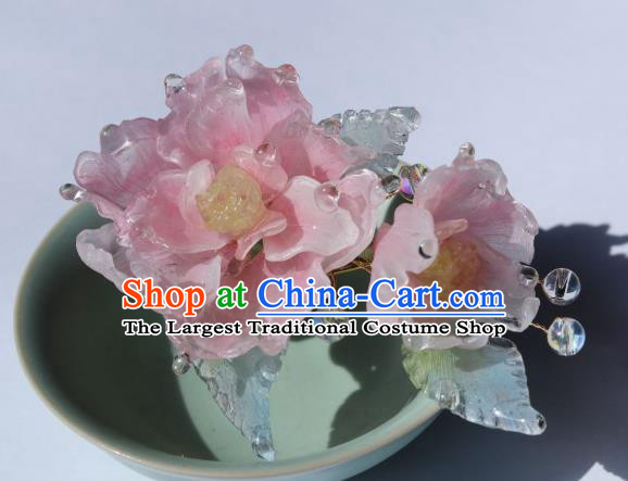 China Classical Hanfu Pink Peony Hairpin Traditional Ancient Ming Dynasty Princess Flowers Hair Stick