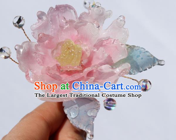 China Classical Hanfu Blue Leaf Hairpin Traditional Ancient Ming Dynasty Princess Peony Hair Stick