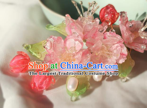 China Traditional Ancient Ming Dynasty Princess Pink Begonia Hair Stick Classical Hanfu Pearls Hairpin