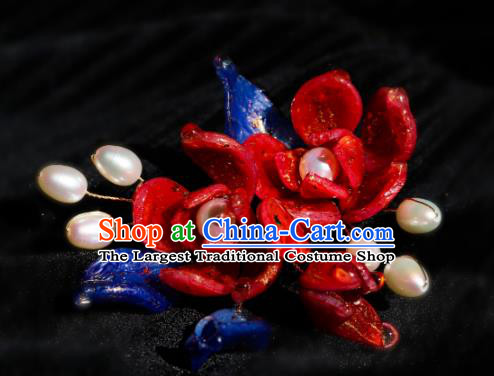 China Classical Hanfu Pearls Hairpin Traditional Red Camellia Hair Stick