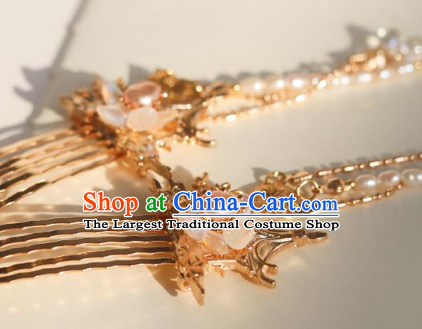 China Classical Hanfu Golden Hairpin Traditional Ming Dynasty Princess Pearls Tassel Hair Combs