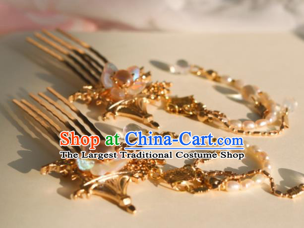 China Classical Hanfu Golden Hairpin Traditional Ming Dynasty Princess Pearls Tassel Hair Combs