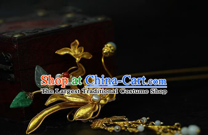 China Classical Hanfu Jade Tassel Hairpin Traditional Ming Dynasty Princess Golden Orchid Hair Stick