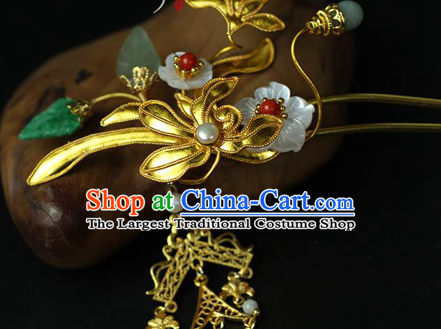 China Classical Hanfu Jade Tassel Hairpin Traditional Ming Dynasty Princess Golden Orchid Hair Stick