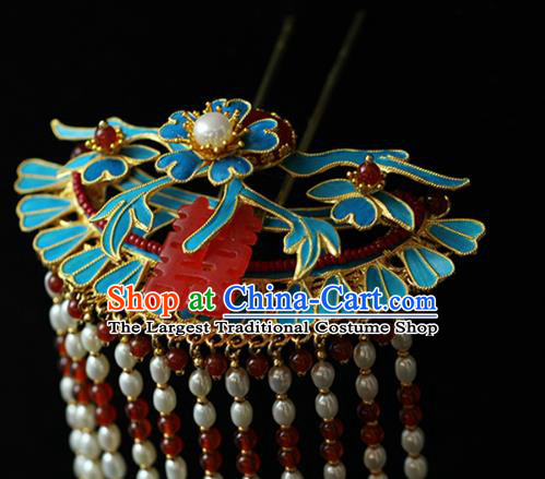 China Classical Wedding Pearls Tassel Hairpin Traditional Qing Dynasty Empress Hair Stick