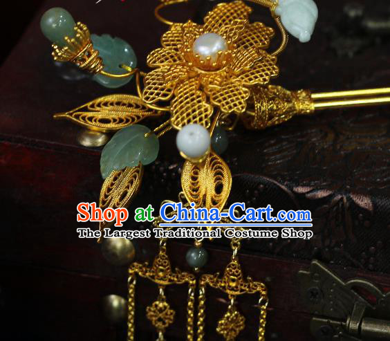 China Classical Filigree Flower Hairpin Traditional Qing Dynasty Empress Golden Tassel Hair Stick