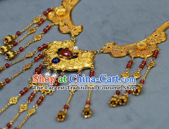 Chinese Traditional Wedding Golden Necklace Ancient Princess Agate Necklet Accessories
