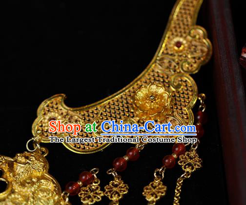 Chinese Traditional Wedding Golden Necklace Ancient Princess Agate Necklet Accessories