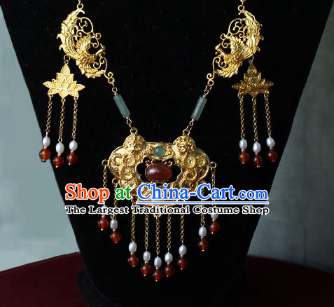 Chinese Traditional Wedding Jade Pearls Necklace Ancient Princess Agate Tassel Necklet Accessories