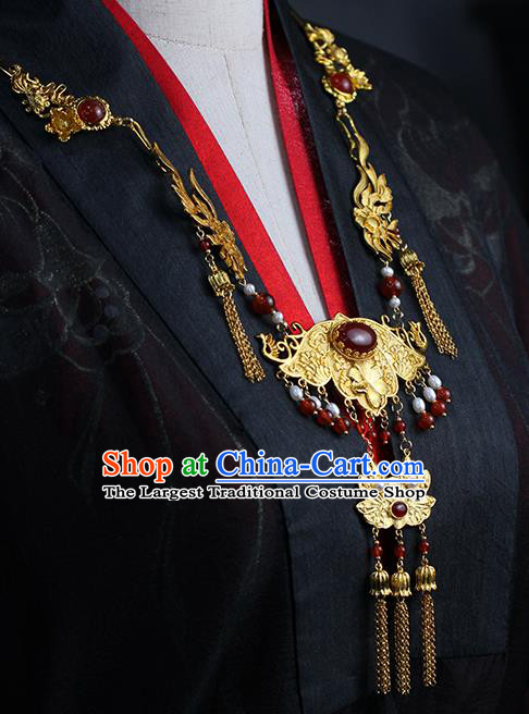 Chinese Traditional Wedding Agate Necklace Ancient Princess Golden Lotus Necklet Accessories