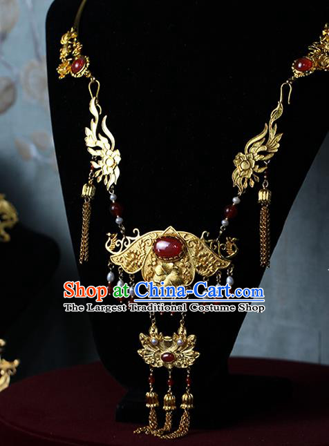 Chinese Traditional Wedding Agate Necklace Ancient Princess Golden Lotus Necklet Accessories