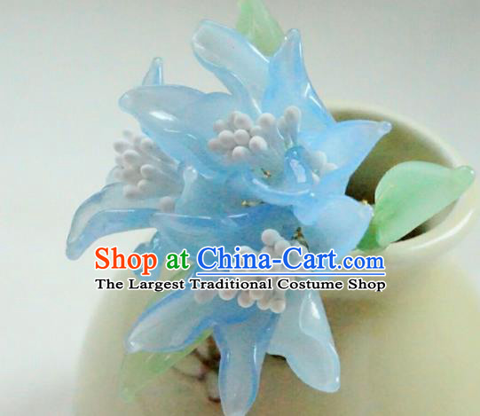 China Classical Hanfu Blue Lily Flowers Hairpin Traditional Ming Dynasty Hair Stick