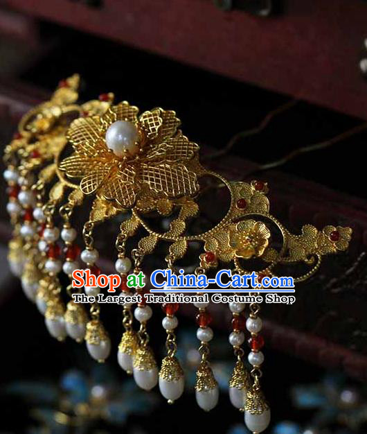 China Traditional Qing Dynasty Empress Pearls Tassel Hair Stick Ancient Court Woman Filigree Peony Hairpin