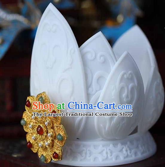 China Ancient Imperial Consort White Lotus Crown Traditional Song Dynasty Pearls Hair Accessories