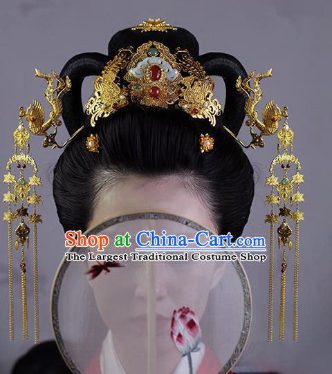 China Ancient Bride Golden Phoenix Hairpins and Hair Crown Traditional Ming Dynasty Wedding Hair Accessories Full Set