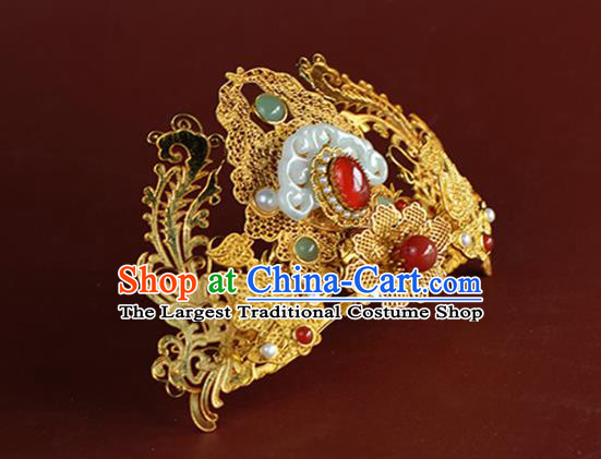 China Ancient Bride Jade Hair Crown Traditional Ming Dynasty Wedding Hair Accessories