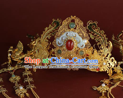 China Ancient Bride Jade Hair Crown Traditional Ming Dynasty Wedding Hair Accessories