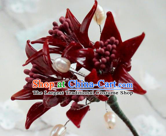 China Classical Hanfu Red Spider Lily Hairpin Traditional Ming Dynasty Flowers Hair Stick