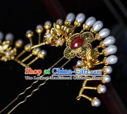 China Ancient Empress Pearls Hairpin Traditional Ming Dynasty Court Queen Golden Butterfly Hair Stick