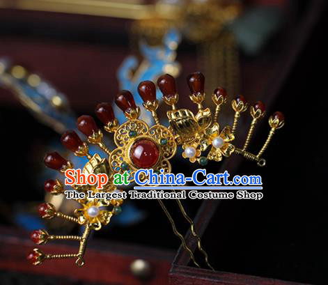 China Ancient Empress Pearls Golden Hairpin Traditional Ming Dynasty Court Queen Agate Hair Stick