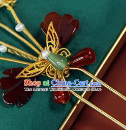 China Ancient Princess Agate Hairpin Traditional Ming Dynasty Golden Butterfly Hair Stick