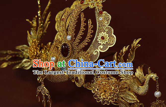 China Ancient Empress Hairpin Traditional Ming Dynasty Wedding Golden Phoenix Hair Crown