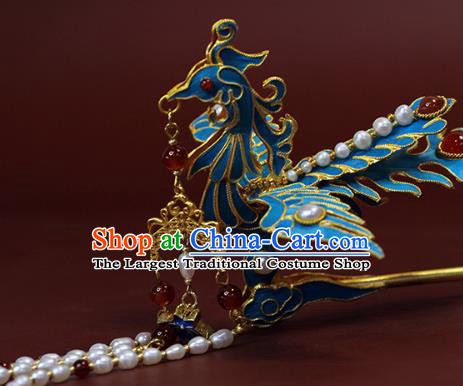 China Ancient Empress Pearls Phoenix Hairpin Traditional Qing Dynasty Tassel Hair Stick
