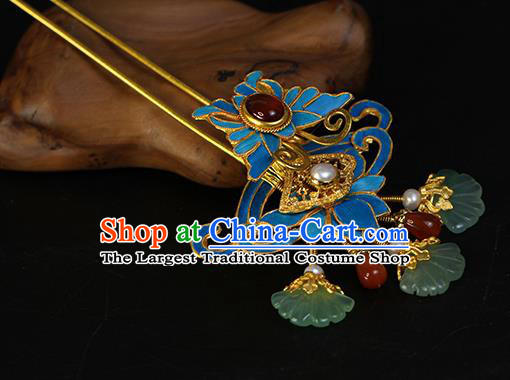 China Traditional Qing Dynasty Agate Butterfly Hair Stick Ancient Empress Pearls Hairpin