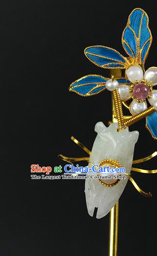 China Traditional Qing Dynasty Jade Cicada Hair Stick Ancient Empress Pearls Orchid Hairpin