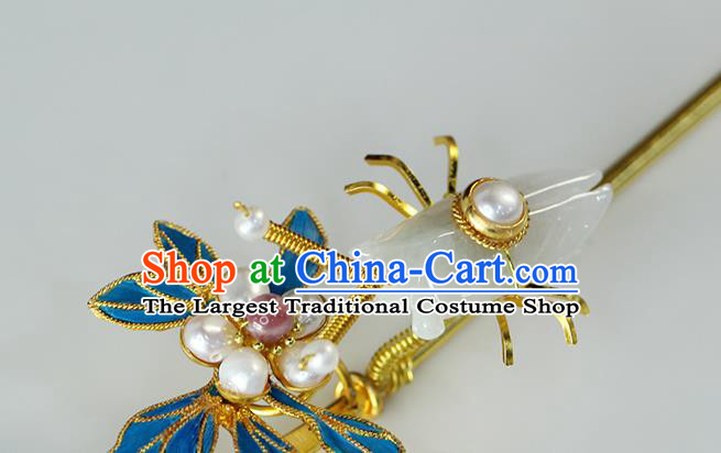 China Traditional Qing Dynasty Jade Cicada Hair Stick Ancient Empress Pearls Orchid Hairpin