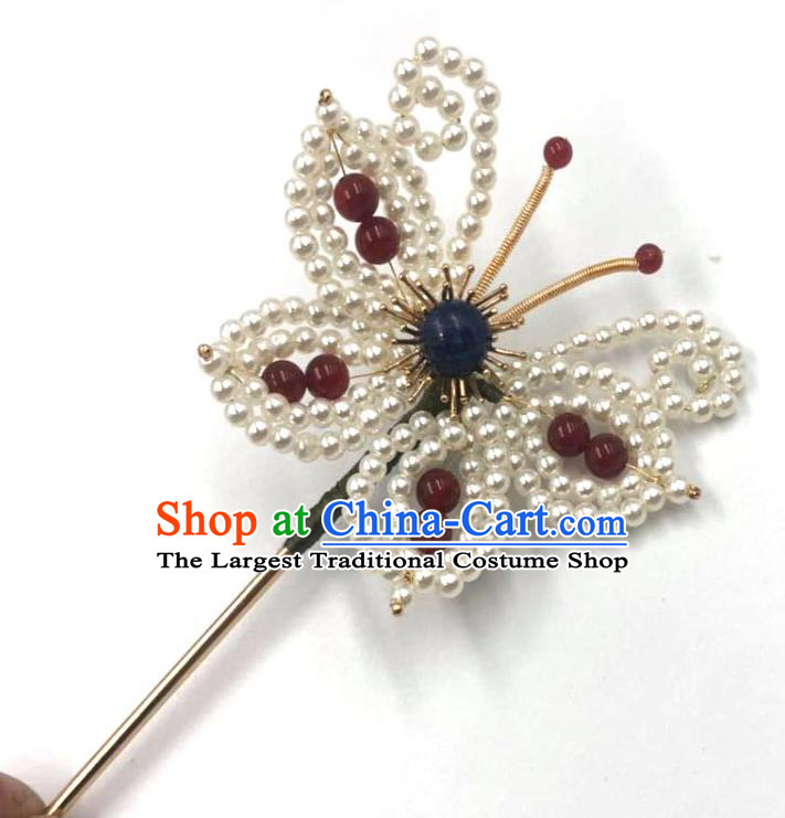 China Ming Dynasty Pearls Butterfly Hair Accessories Traditional Hanfu Hairpin Ancient Princess Hair Stick