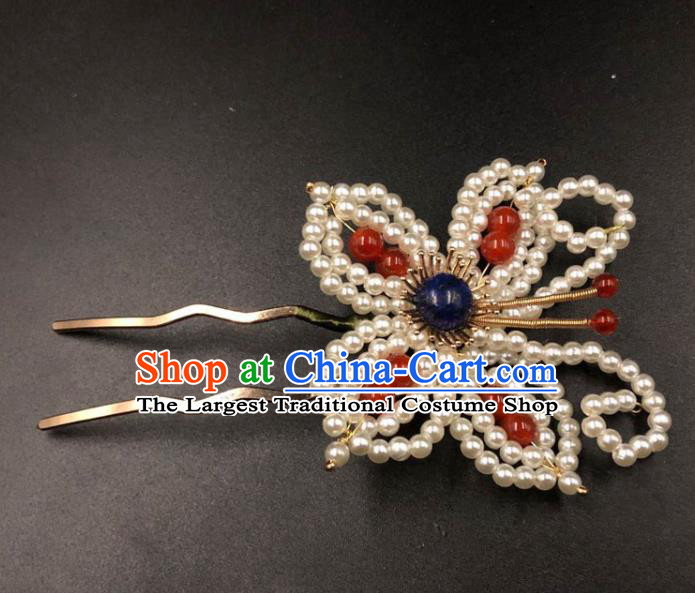 China Ming Dynasty Hairpin Traditional Hanfu Hair Accessories Ancient Princess Pearls Butterfly Hair Stick