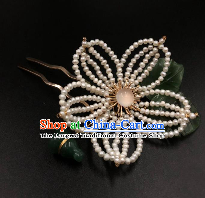 China Ming Dynasty Jade Gourd Hairpin Traditional Hanfu Hair Accessories Ancient Princess Pearls Lotus Hair Stick