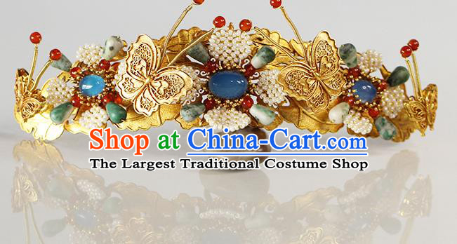 China Traditional Ming Dynasty Golden Butterfly Hair Crown Ancient Empress Gems Hairpin