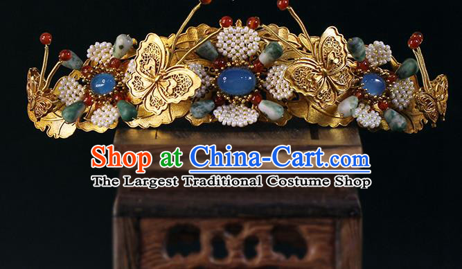 China Traditional Ming Dynasty Golden Butterfly Hair Crown Ancient Empress Gems Hairpin
