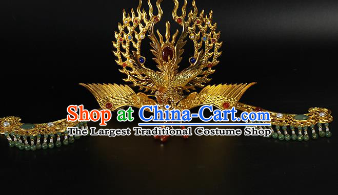 China Traditional Ming Dynasty Gems Hair Crown Ancient Empress Golden Phoenix Hairpin