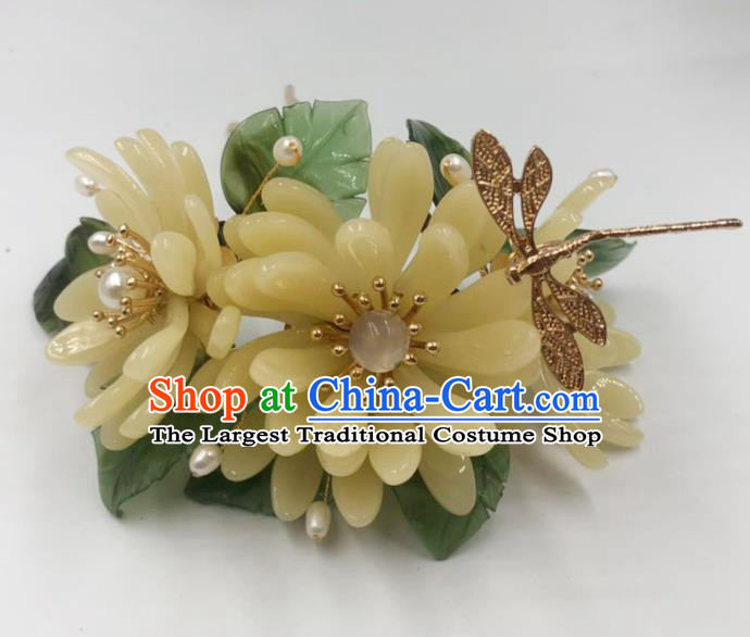China Ancient Princess Yellow Chrysanthemum Hair Stick Traditional Hanfu Hair Accessories Ming Dynasty Dragonfly Hairpin