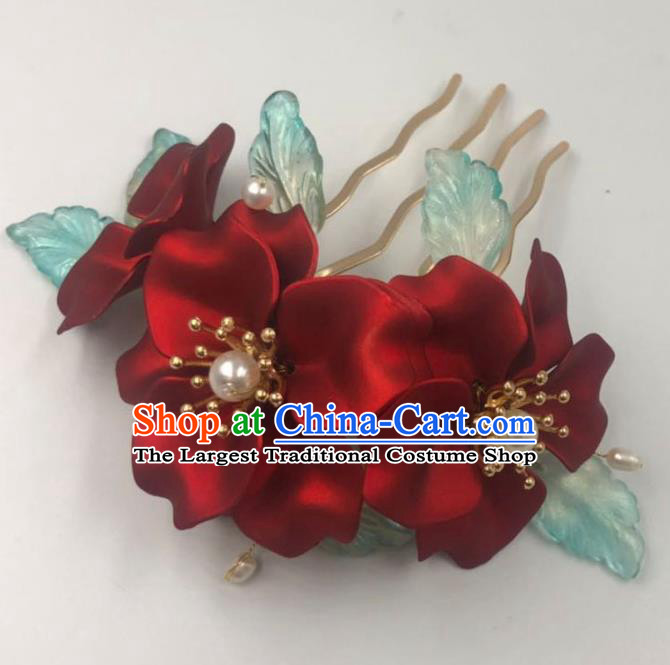 China Ancient Princess Hair Comb Traditional Hanfu Hair Accessories Ming Dynasty Red Flowers Hairpin