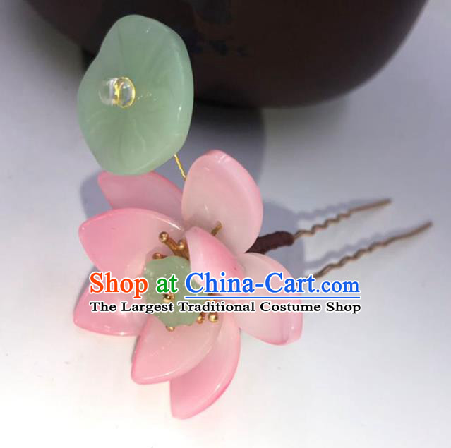 China Ming Dynasty Pink Lotus Hairpin Traditional Hanfu Hair Accessories Ancient Princess Jade Leaf Hair Stick