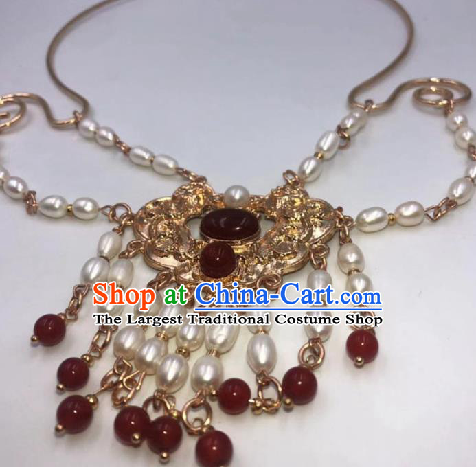 Chinese Traditional Ming Dynasty Pearls Tassel Necklace Classical Agate Accessories