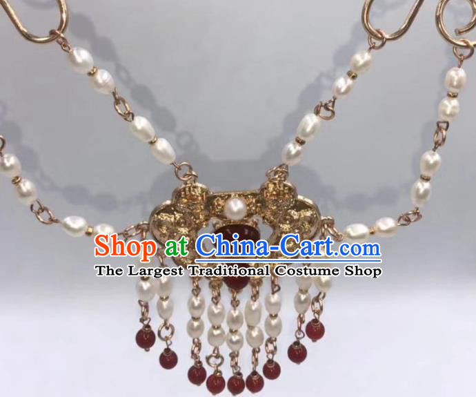 Chinese Traditional Ming Dynasty Pearls Tassel Necklace Classical Agate Accessories