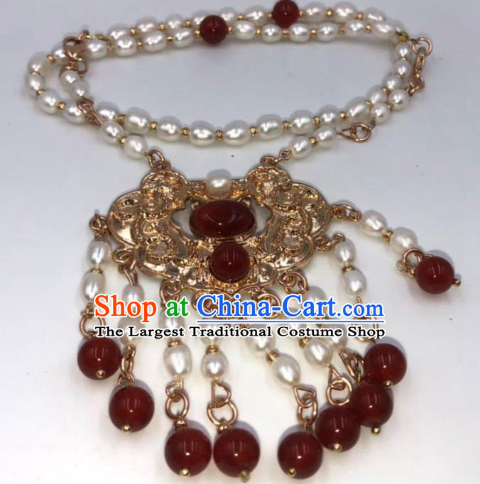 Chinese Traditional Ming Dynasty Pearls Tassel Necklace Classical Agate Accessories