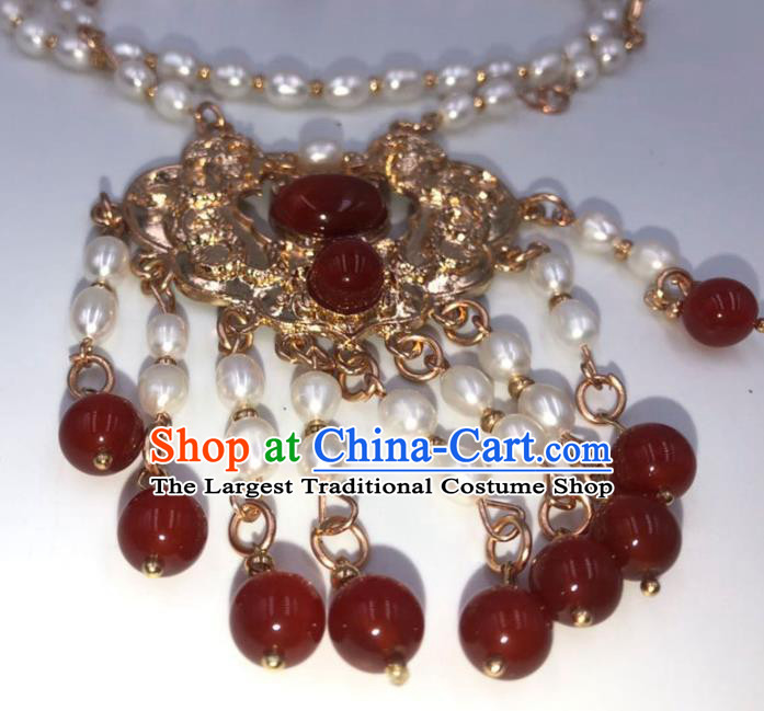 Chinese Traditional Ming Dynasty Pearls Tassel Necklace Classical Agate Accessories