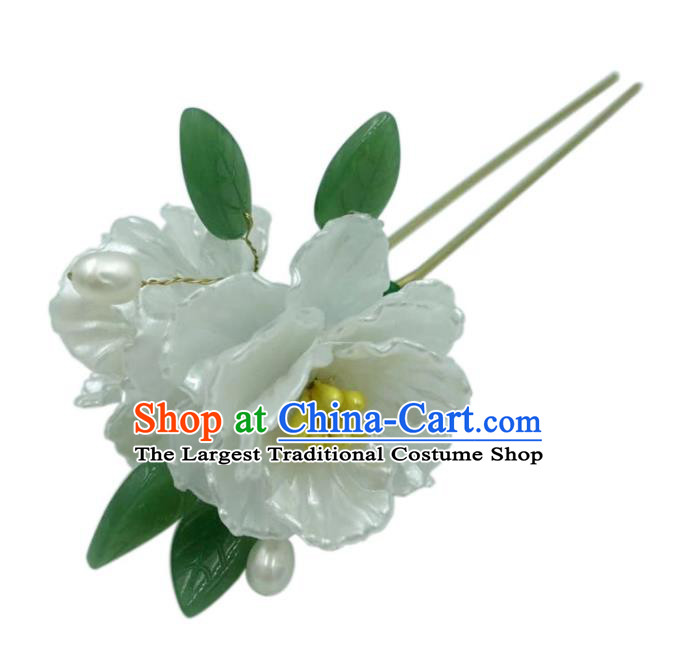 China Ming Dynasty Shell Hairpin Traditional Hanfu Hair Accessories Ancient Princess White Camellia Hair Stick