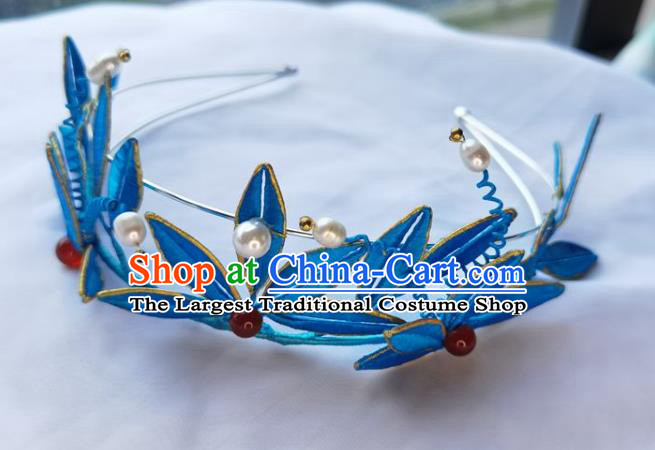 China Ming Dynasty Hairpin Traditional Hanfu Hair Accessories Ancient Princess Blue Silk Bamboo Leaf Hair Crown