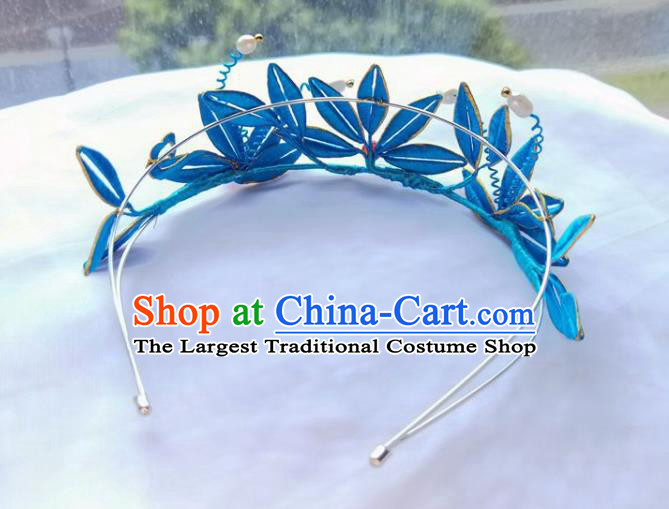 China Ming Dynasty Hairpin Traditional Hanfu Hair Accessories Ancient Princess Blue Silk Bamboo Leaf Hair Crown