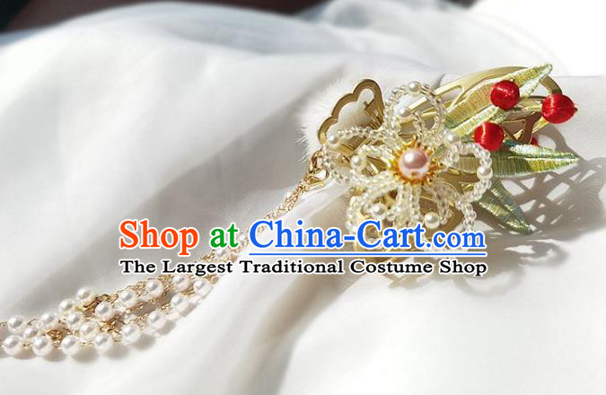 China Ming Dynasty Silk Bamboo Leaf Hairpin Traditional Hanfu Hair Accessories Ancient Princess Beads Plum Hair Stick