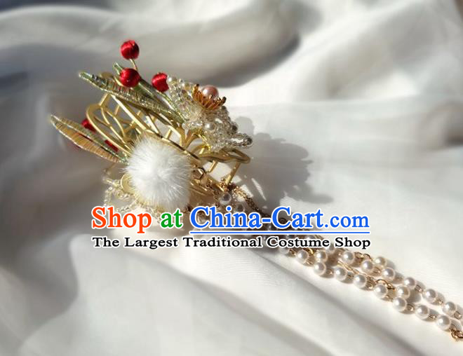 China Ming Dynasty Silk Bamboo Leaf Hairpin Traditional Hanfu Hair Accessories Ancient Princess Beads Plum Hair Stick