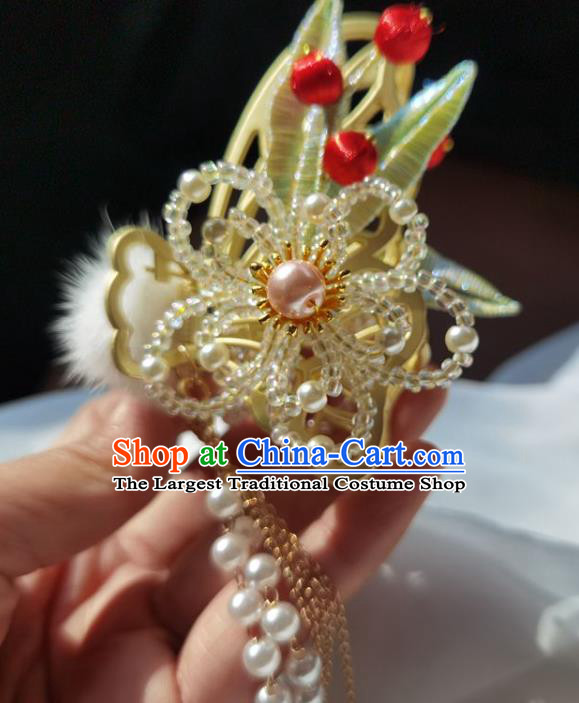China Ming Dynasty Silk Bamboo Leaf Hairpin Traditional Hanfu Hair Accessories Ancient Princess Beads Plum Hair Stick